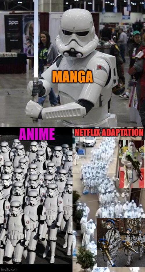 Shanghai Whites | MANGA; NETFLIX ADAPTATION; ANIME | image tagged in manga anime netflix adaption,star wars,stormtroopers,china | made w/ Imgflip meme maker
