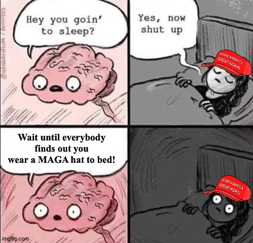 Wait until everybody finds out | Wait until everybody finds out you wear a MAGA hat to bed! | image tagged in waking up brain | made w/ Imgflip meme maker