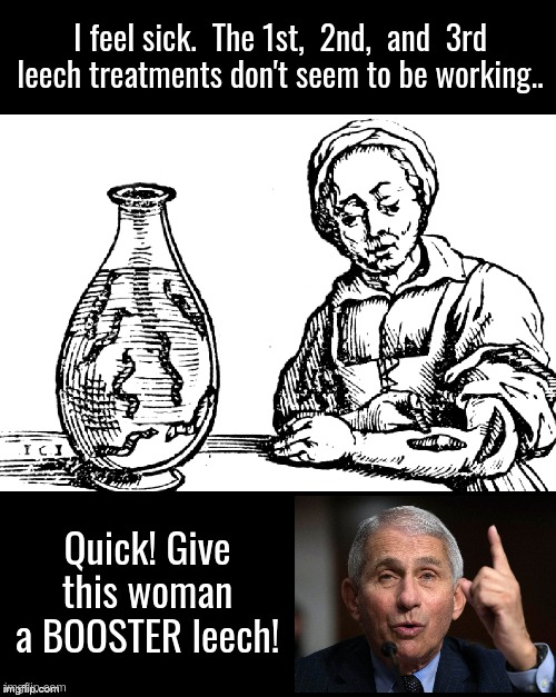  I feel sick.  The 1st,  2nd,  and  3rd leech treatments don't seem to be working.. Quick! Give this woman a BOOSTER leech! | made w/ Imgflip meme maker