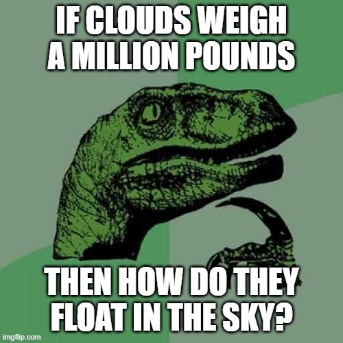Philosoraptor Meme |  IF CLOUDS WEIGH A MILLION POUNDS; THEN HOW DO THEY FLOAT IN THE SKY? | image tagged in memes,philosoraptor | made w/ Imgflip meme maker