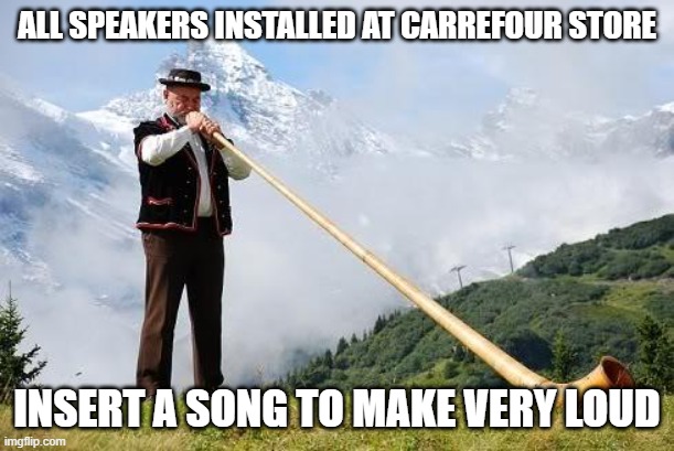 speakers are installed |  ALL SPEAKERS INSTALLED AT CARREFOUR STORE; INSERT A SONG TO MAKE VERY LOUD | image tagged in ricola horn,carrefour | made w/ Imgflip meme maker