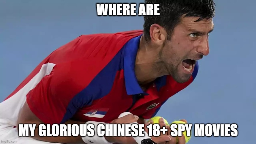 bro |  WHERE ARE; MY GLORIOUS CHINESE 18+ SPY MOVIES | image tagged in djokovic screaming | made w/ Imgflip meme maker