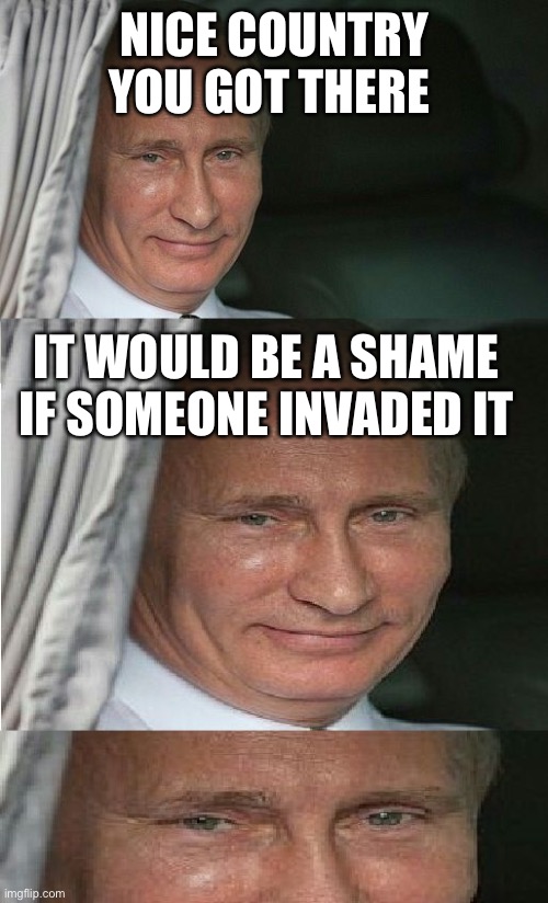 Would be a shame Putin | NICE COUNTRY YOU GOT THERE; IT WOULD BE A SHAME IF SOMEONE INVADED IT | image tagged in would be a shame putin | made w/ Imgflip meme maker