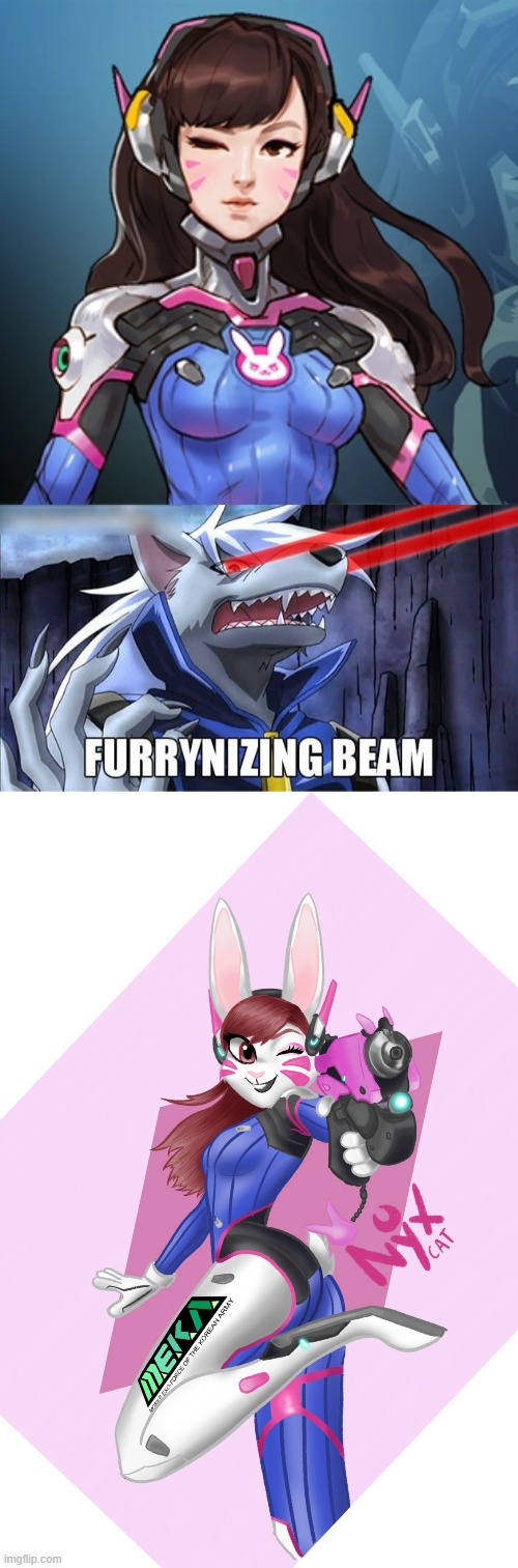 By Itsnyxcat | image tagged in furrynizing beam,furry,dva,overwatch,memes | made w/ Imgflip meme maker
