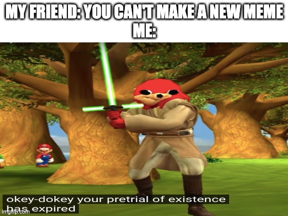I MADE A NEW ONE (please tell if this already exists) | MY FRIEND: YOU CAN'T MAKE A NEW MEME
ME: | image tagged in smg4,your pretrial of existence has expired,new meme | made w/ Imgflip meme maker