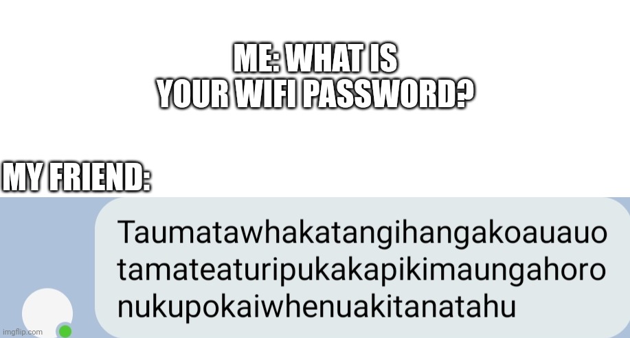 ME: WHAT IS YOUR WIFI PASSWORD? MY FRIEND: | image tagged in blank white template | made w/ Imgflip meme maker