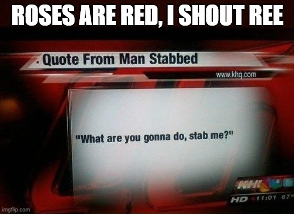 what are you gonna do, stab me? | ROSES ARE RED, I SHOUT REE | image tagged in what are you gonna do stab me | made w/ Imgflip meme maker
