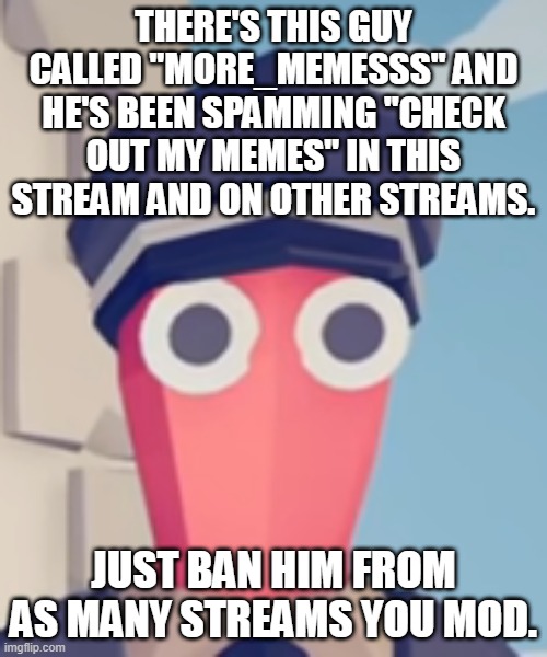 TABS Stare | THERE'S THIS GUY CALLED "MORE_MEMESSS" AND HE'S BEEN SPAMMING "CHECK OUT MY MEMES" IN THIS STREAM AND ON OTHER STREAMS. JUST BAN HIM FROM AS MANY STREAMS YOU MOD. | image tagged in tabs stare | made w/ Imgflip meme maker