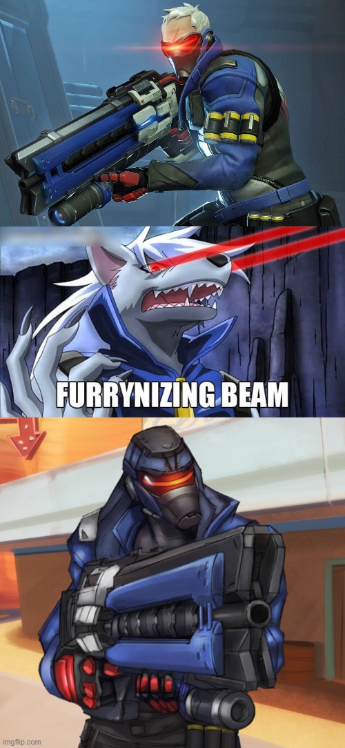 WHY DOES THIS GO SO CLEVERLY WELL?! (By RedDyeNo5) | image tagged in soldier 76,furrynizing beam,furry,overwatch,memes | made w/ Imgflip meme maker
