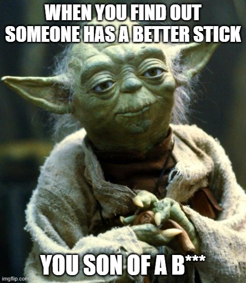 YEEEEEEEEEEEEEEEEEEEEEEE | WHEN YOU FIND OUT SOMEONE HAS A BETTER STICK; YOU SON OF A B*** | image tagged in memes,star wars yoda,funny,cool | made w/ Imgflip meme maker