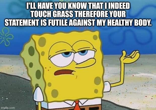 Ill Have You Know Spongebob 2 | I'LL HAVE YOU KNOW THAT I INDEED TOUCH GRASS THEREFORE YOUR STATEMENT IS FUTILE AGAINST MY HEALTHY BODY. | image tagged in ill have you know spongebob 2 | made w/ Imgflip meme maker