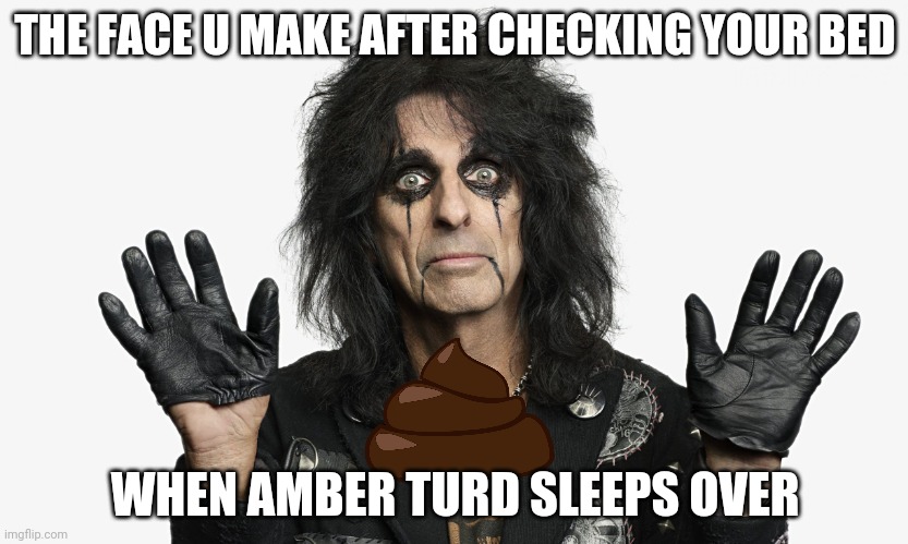 Alice Cooper |  THE FACE U MAKE AFTER CHECKING YOUR BED; WHEN AMBER TURD SLEEPS OVER | image tagged in alice cooper | made w/ Imgflip meme maker