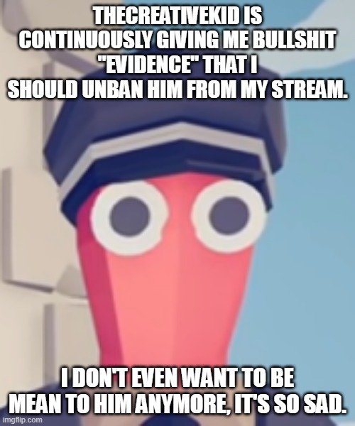 TABS Stare | THECREATIVEKID IS CONTINUOUSLY GIVING ME BULLSHIT "EVIDENCE" THAT I SHOULD UNBAN HIM FROM MY STREAM. I DON'T EVEN WANT TO BE MEAN TO HIM ANYMORE, IT'S SO SAD. | image tagged in tabs stare | made w/ Imgflip meme maker