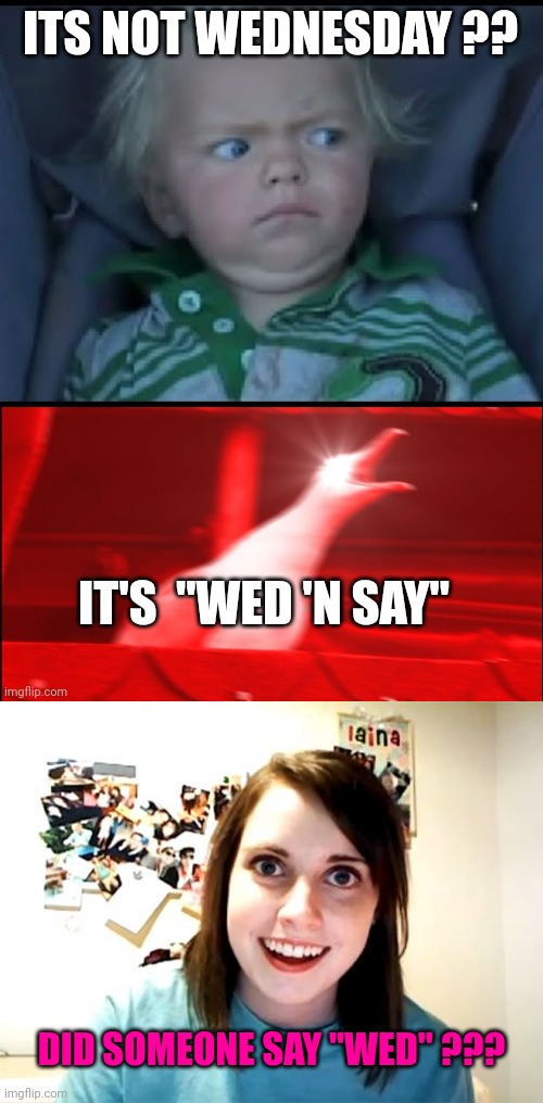 ITS NOT WEDNESDAY ?? IT'S  "WED 'N SAY" DID SOMEONE SAY "WED" ??? | image tagged in don't tell me,memes,overly attached girlfriend | made w/ Imgflip meme maker