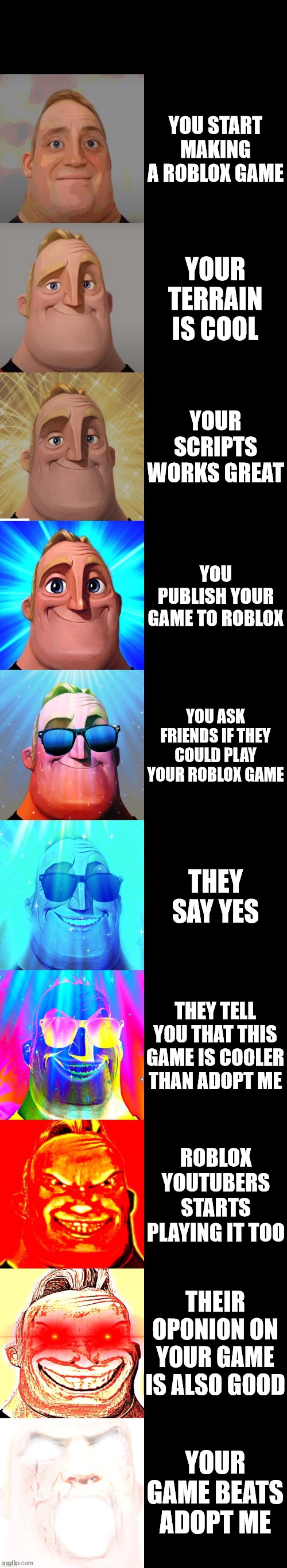 roblox game | YOU START MAKING A ROBLOX GAME; YOUR TERRAIN IS COOL; YOUR SCRIPTS WORKS GREAT; YOU PUBLISH YOUR GAME TO ROBLOX; YOU ASK FRIENDS IF THEY COULD PLAY YOUR ROBLOX GAME; THEY SAY YES; THEY TELL YOU THAT THIS GAME IS COOLER THAN ADOPT ME; ROBLOX YOUTUBERS STARTS PLAYING IT TOO; THEIR OPONION ON YOUR GAME IS ALSO GOOD; YOUR GAME BEATS ADOPT ME | image tagged in mr incredible becoming canny | made w/ Imgflip meme maker