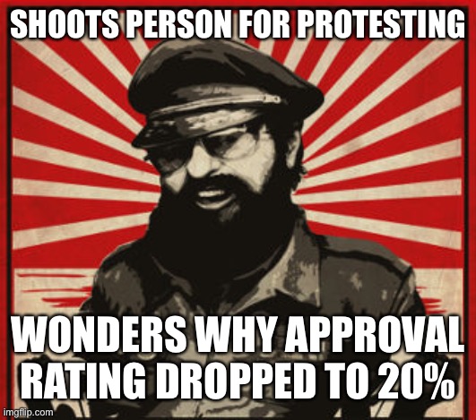 This is me | SHOOTS PERSON FOR PROTESTING; WONDERS WHY APPROVAL RATING DROPPED TO 20% | image tagged in presidente,tropico | made w/ Imgflip meme maker