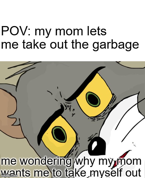 clever - | POV: my mom lets me take out the garbage; me wondering why my mom wants me to take myself out | image tagged in blank white template,memes,unsettled tom | made w/ Imgflip meme maker
