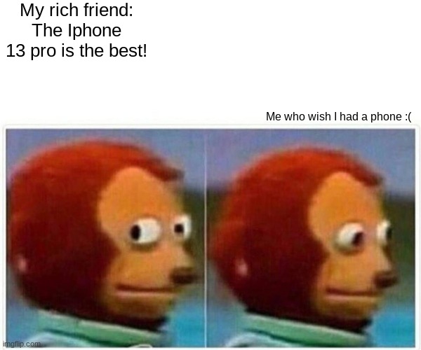 hmph | My rich friend: The Iphone 13 pro is the best! Me who wish I had a phone :( | image tagged in memes,monkey puppet | made w/ Imgflip meme maker