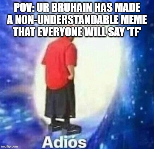 QWHWGSBNAHD | POV: UR BRUHAIN HAS MADE A NON-UNDERSTANDABLE MEME THAT EVERYONE WILL SAY 'TF' | image tagged in adios | made w/ Imgflip meme maker