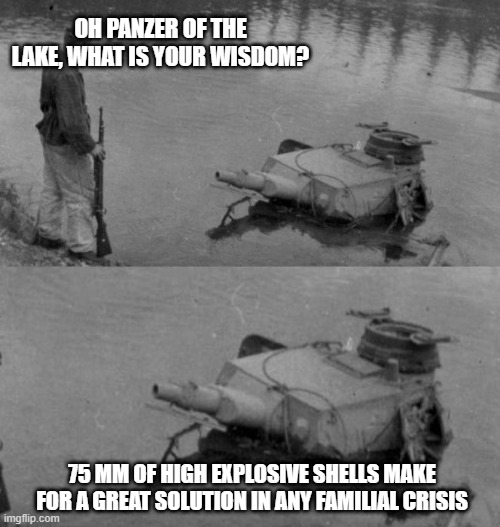 Panzer of the lake | OH PANZER OF THE LAKE, WHAT IS YOUR WISDOM? 75 MM OF HIGH EXPLOSIVE SHELLS MAKE FOR A GREAT SOLUTION IN ANY FAMILIAL CRISIS | image tagged in panzer of the lake | made w/ Imgflip meme maker