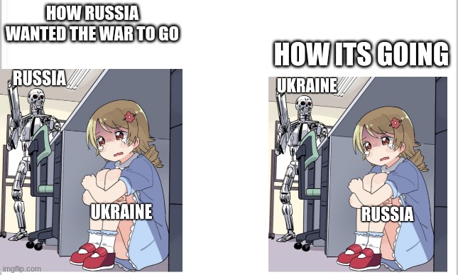 the war in ukraine rn | HOW ITS GOING; HOW RUSSIA WANTED THE WAR TO GO | image tagged in white background | made w/ Imgflip meme maker