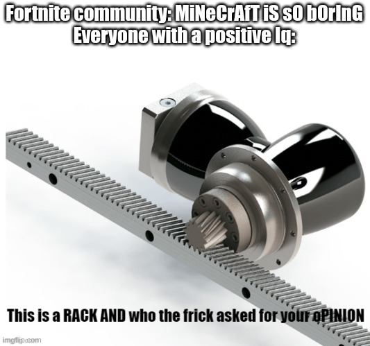 Fortnite is an ok game itself but the community not so much | Fortnite community: MiNeCrAfT iS sO bOrInG
Everyone with a positive Iq: | image tagged in rack and pinion,minecraft,fortnite,iq,opinion | made w/ Imgflip meme maker
