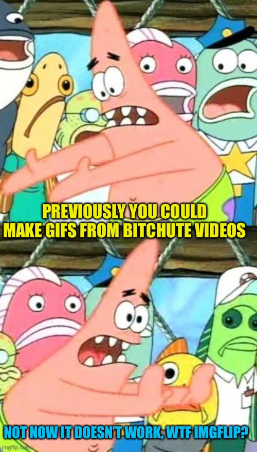 For reals? | PREVIOUSLY YOU COULD MAKE GIFS FROM BITCHUTE VIDEOS; NOT NOW IT DOESN’T WORK, WTF IMGFLIP? | image tagged in memes,imgflip censorship | made w/ Imgflip meme maker