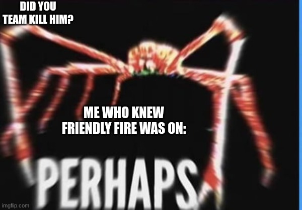 P E R H A P S | DID YOU TEAM KILL HIM? ME WHO KNEW FRIENDLY FIRE WAS ON: | image tagged in perhaps crab | made w/ Imgflip meme maker