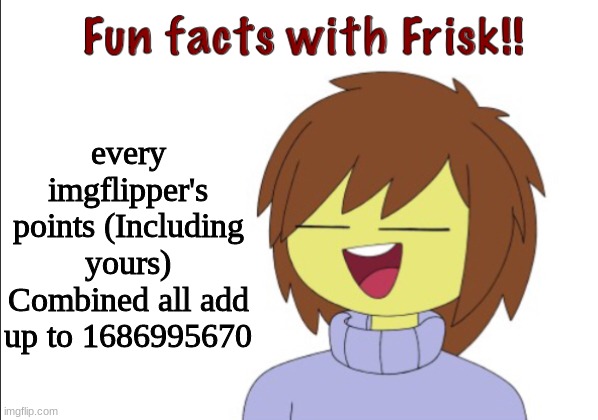 I bet this number has increased by a lot sense the time I made this image | every imgflipper's points (Including yours) Combined all add up to 1686995670 | image tagged in fun facts with frisk | made w/ Imgflip meme maker