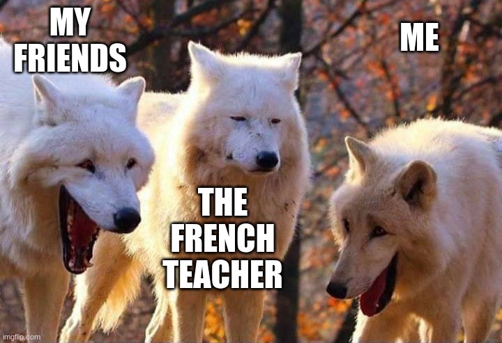 Laughing wolf | MY FRIENDS; ME; THE FRENCH TEACHER | image tagged in laughing wolf | made w/ Imgflip meme maker