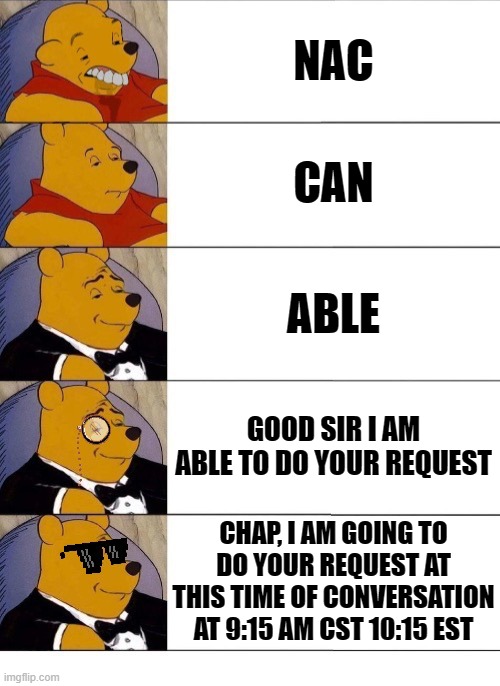 Winnie the Pooh v.20 | NAC; CAN; ABLE; GOOD SIR I AM ABLE TO DO YOUR REQUEST; CHAP, I AM GOING TO DO YOUR REQUEST AT THIS TIME OF CONVERSATION AT 9:15 AM CST 10:15 EST | image tagged in winnie the pooh v 20 | made w/ Imgflip meme maker