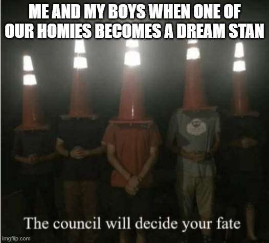 The council will decide your fate | ME AND MY BOYS WHEN ONE OF OUR HOMIES BECOMES A DREAM STAN | image tagged in the council will decide your fate | made w/ Imgflip meme maker