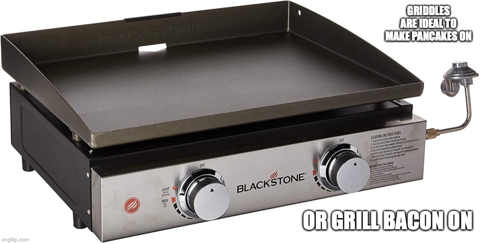 Griddle |  GRIDDLES ARE IDEAL TO MAKE PANCAKES ON; OR GRILL BACON ON | image tagged in griddle,memes | made w/ Imgflip meme maker