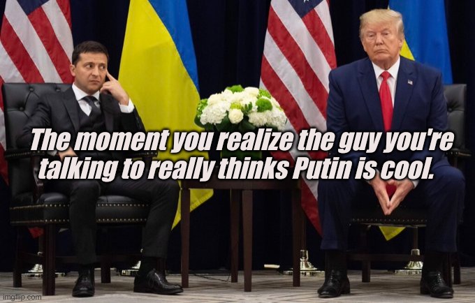 The moment you realize the guy you're talking to really thinks Putin is cool. | image tagged in trump,putin,zelensky,ukraine,russia | made w/ Imgflip meme maker