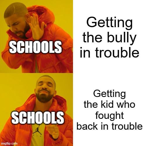 Schools be like | Getting the bully in trouble; SCHOOLS; Getting the kid who fought back in trouble; SCHOOLS | image tagged in memes,drake hotline bling | made w/ Imgflip meme maker