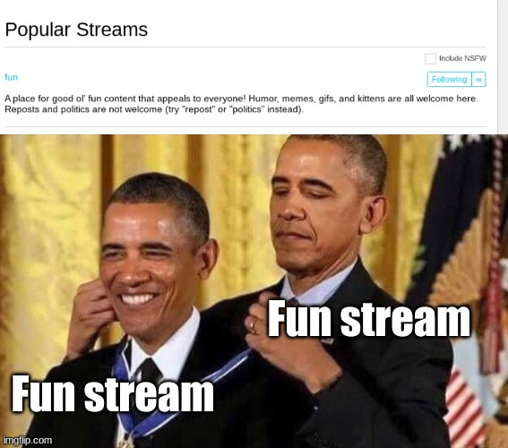 for real imgflip... | Fun stream; Fun stream | image tagged in obama medal | made w/ Imgflip meme maker