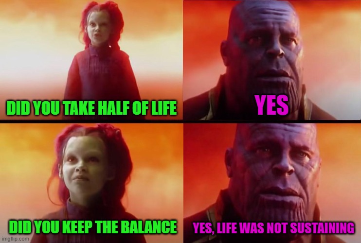 thanos what did it cost | DID YOU TAKE HALF OF LIFE; YES; DID YOU KEEP THE BALANCE; YES, LIFE WAS NOT SUSTAINING | image tagged in thanos what did it cost | made w/ Imgflip meme maker