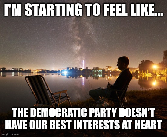 I'M STARTING TO FEEL LIKE... THE DEMOCRATIC PARTY DOESN'T HAVE OUR BEST INTERESTS AT HEART | image tagged in funny memes | made w/ Imgflip meme maker