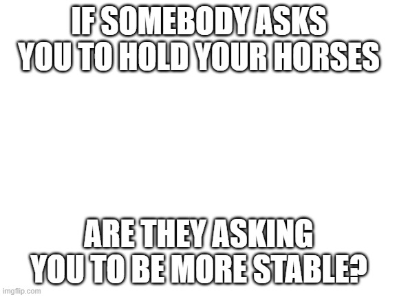 Blank White Template | IF SOMEBODY ASKS YOU TO HOLD YOUR HORSES; ARE THEY ASKING YOU TO BE MORE STABLE? | image tagged in blank white template | made w/ Imgflip meme maker