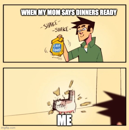 Cat wall shake | WHEN MY MOM SAYS DINNERS READY ME | image tagged in cat wall shake | made w/ Imgflip meme maker