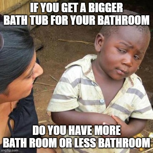 Great title | IF YOU GET A BIGGER BATH TUB FOR YOUR BATHROOM; DO YOU HAVE MORE BATH ROOM OR LESS BATHROOM | image tagged in memes,third world skeptical kid | made w/ Imgflip meme maker