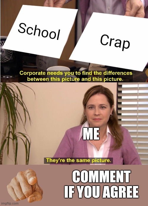 true | School; Crap; ME; COMMENT IF YOU AGREE | image tagged in memes,they're the same picture | made w/ Imgflip meme maker