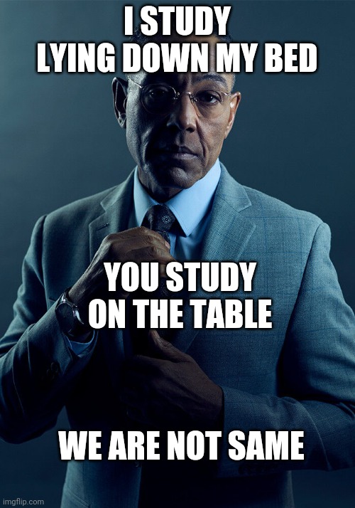 I'm a alien. Any problem? | I STUDY LYING DOWN MY BED; YOU STUDY ON THE TABLE; WE ARE NOT SAME | image tagged in gus fring we are not the same | made w/ Imgflip meme maker