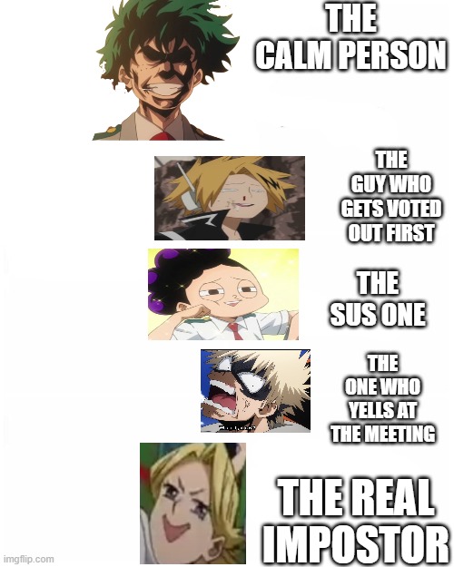 types of among us players | THE CALM PERSON; THE GUY WHO GETS VOTED OUT FIRST; THE SUS ONE; THE ONE WHO YELLS AT THE MEETING; THE REAL IMPOSTOR | image tagged in manga anime netflix adaption | made w/ Imgflip meme maker