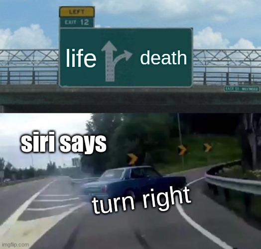 Left Exit 12 Off Ramp | life; death; siri says; turn right | image tagged in memes,left exit 12 off ramp | made w/ Imgflip meme maker