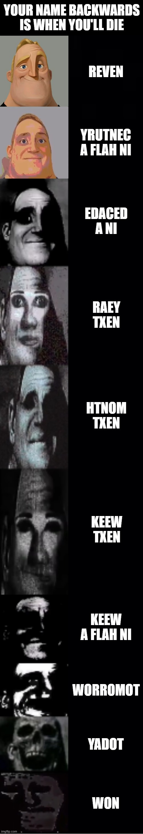 Anybody got those names | YOUR NAME BACKWARDS IS WHEN YOU'LL DIE; REVEN; YRUTNEC A FLAH NI; EDACED A NI; RAEY TXEN; HTNOM TXEN; KEEW TXEN; KEEW A FLAH NI; WORROMOT; YADOT; WON | image tagged in mr incredible becoming uncanny | made w/ Imgflip meme maker