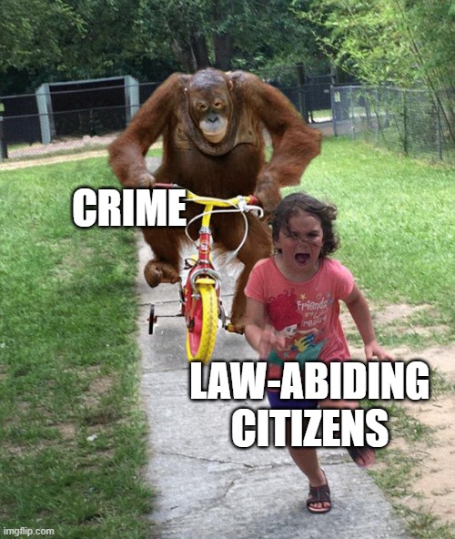 Crime-meme-ia | CRIME; LAW-ABIDING CITIZENS | image tagged in orangutan chasing girl on a tricycle | made w/ Imgflip meme maker