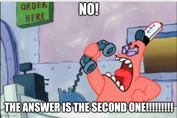 NO THIS IS PATRICK | NO! THE ANSWER IS THE SECOND ONE!!!!!!!!! | image tagged in no this is patrick | made w/ Imgflip meme maker