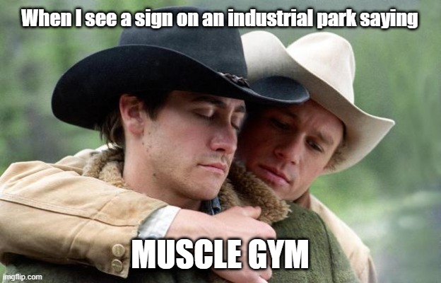 Bit gay Gym | When I see a sign on an industrial park saying; MUSCLE GYM | image tagged in brokeback mountain | made w/ Imgflip meme maker