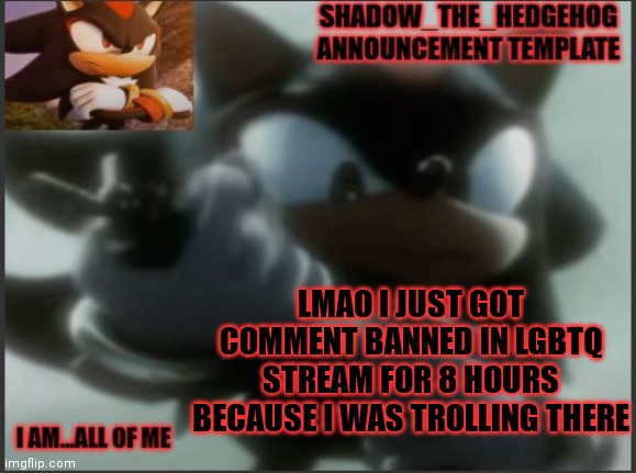 lmao moment | LMAO I JUST GOT COMMENT BANNED IN LGBTQ STREAM FOR 8 HOURS BECAUSE I WAS TROLLING THERE | image tagged in shadow_the_hedgehog announcement template | made w/ Imgflip meme maker